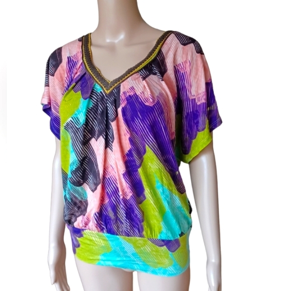 ANTHROPOLOGIE Womens Stretchy V Neck Top Multicolor Short Sleeves Small Petite - Picture 5 of 8